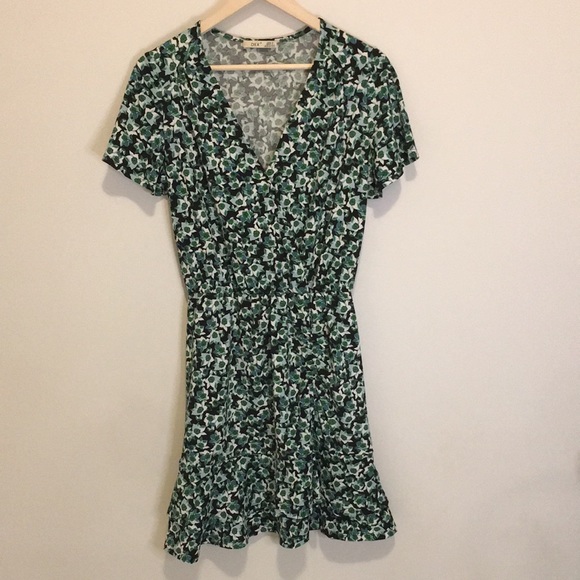Dex Floral Ruffled Mini Dress Teal Blue Short Sleeve V Neck - Picture 6 of 8